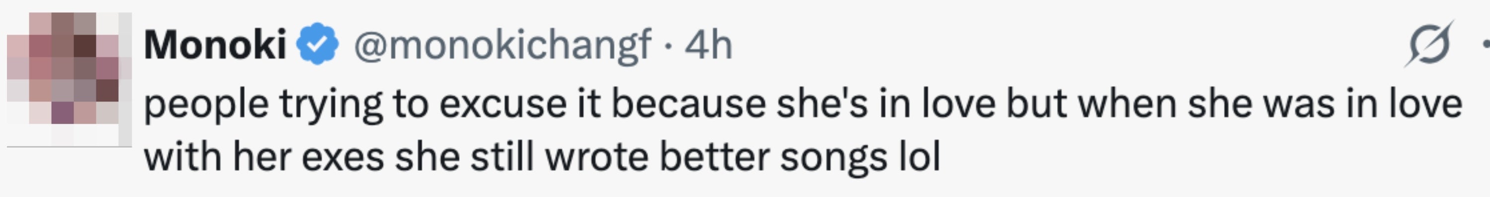 Tweet diskuterer hvordan det å være forelsket påvirker låtskrivingskvaliteten, og legger merke til at noen skrev bedre sanger når de er forelsket i ekser