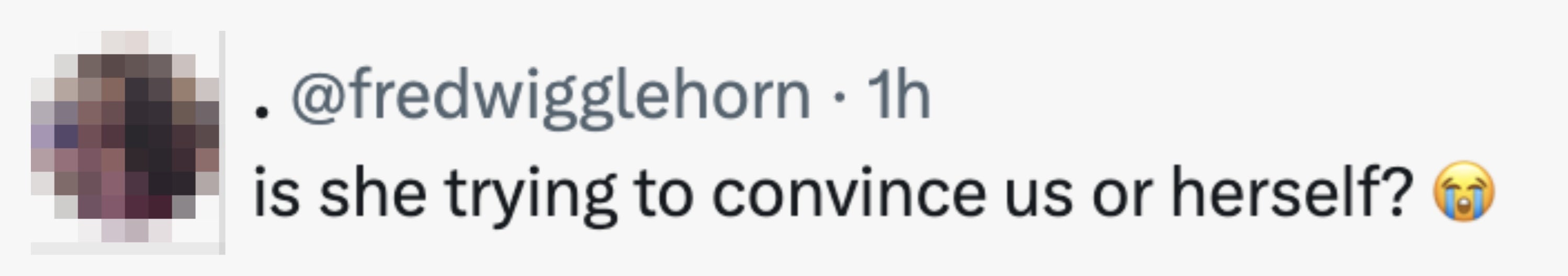 Profilbilde ved siden av en tweet av @fredwigglehorn: «prøver hun å overbevise oss eller seg selv?" etterfulgt av en gråtende emoji