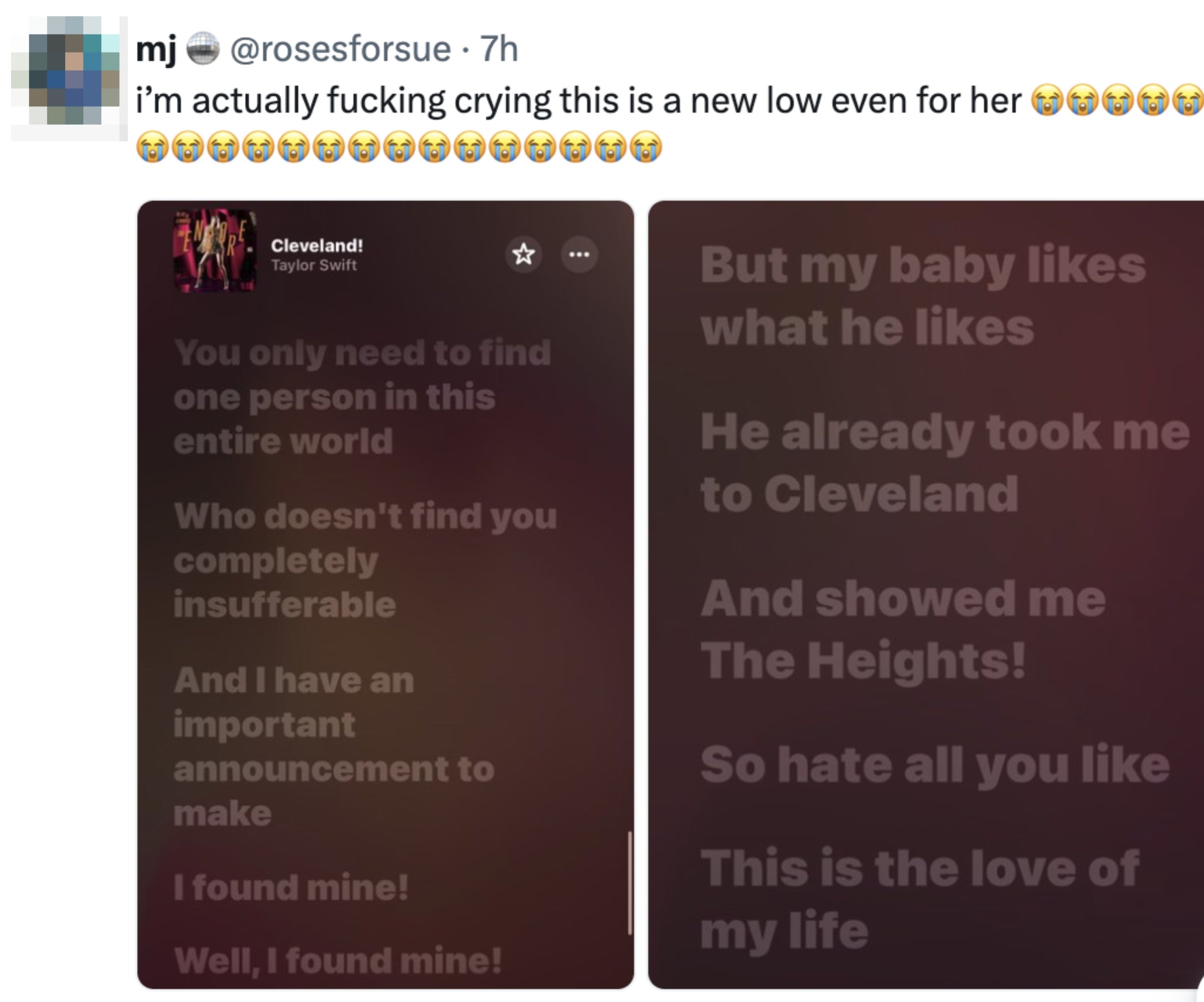 Skjermbilde som viser en tweet som håner en Taylor Swift-sang om å besøke Cleveland