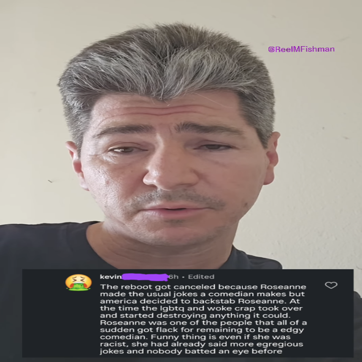 Man with gray hair talks. Comment below discusses Roseanne's show cancellation and jokes related to America, LGBTQ, and perceived double standards