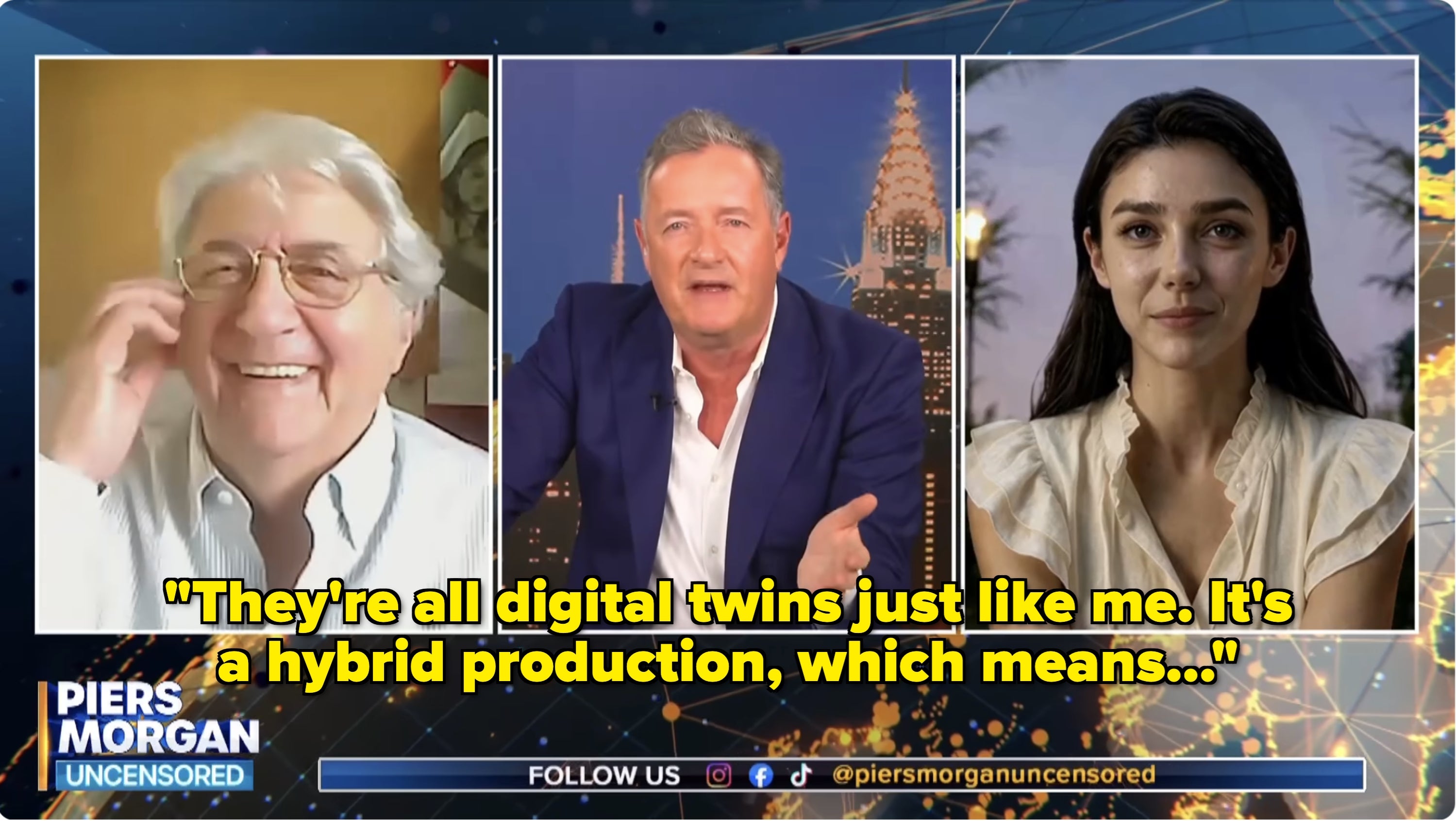 Three people appear remotely on "Piers Morgan Uncensored." The host gestures, while two guests engage