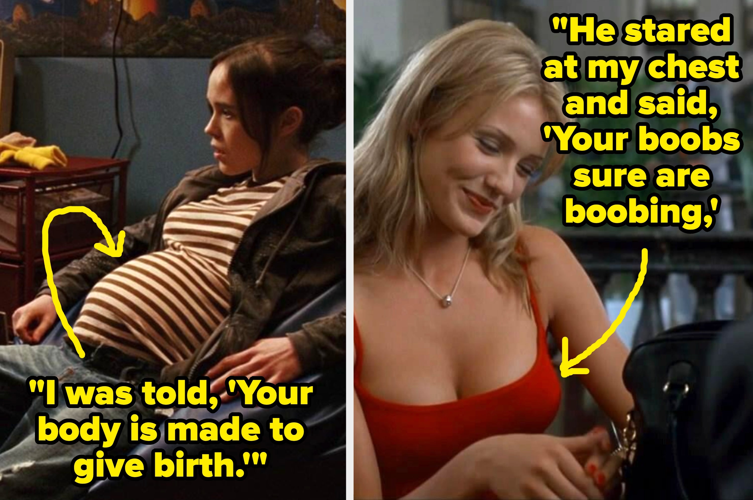 Two people in a casual room. One person, seated on a chair, holds a notebook, while the other, pregnant, sits on a beanbag, wearing a striped shirt