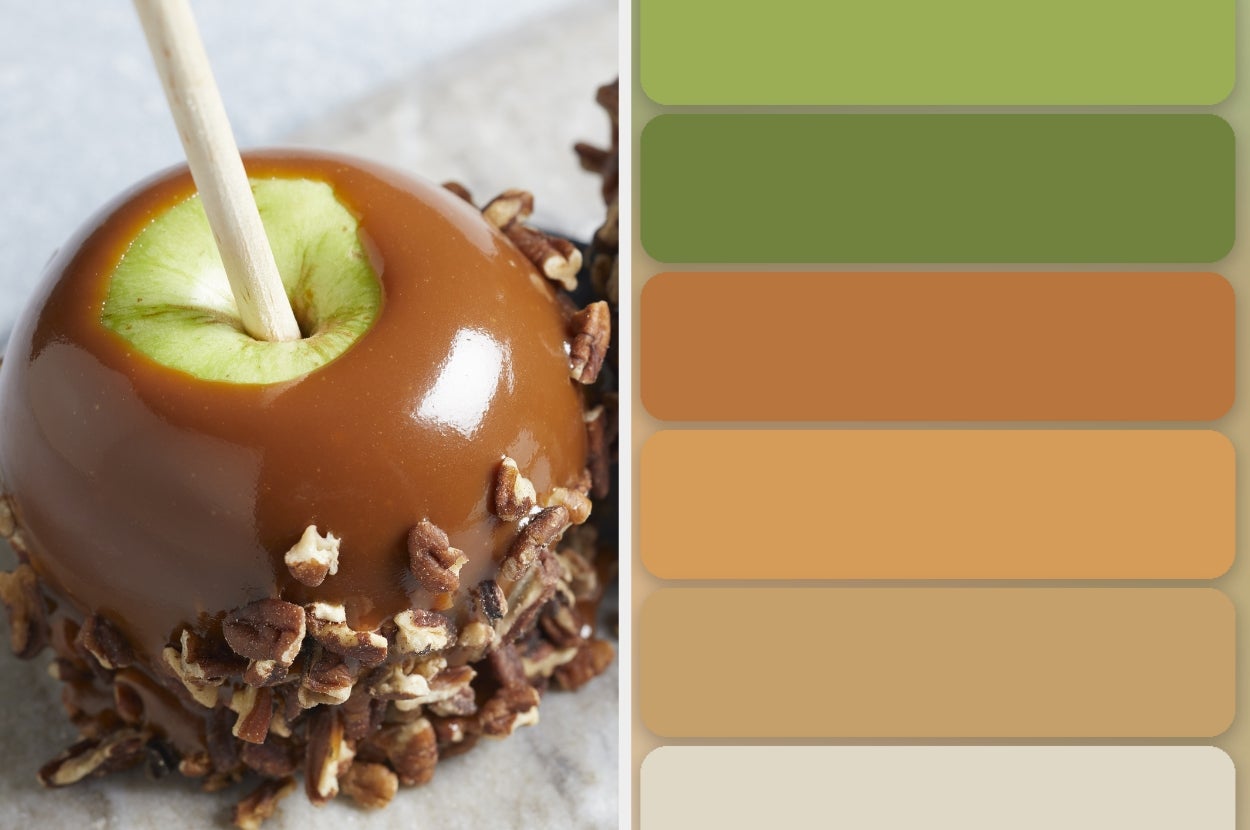 Caramel apple coated with nuts is displayed alongside a gradient of colors ranging from green to tan, possibly for flavor inspiration