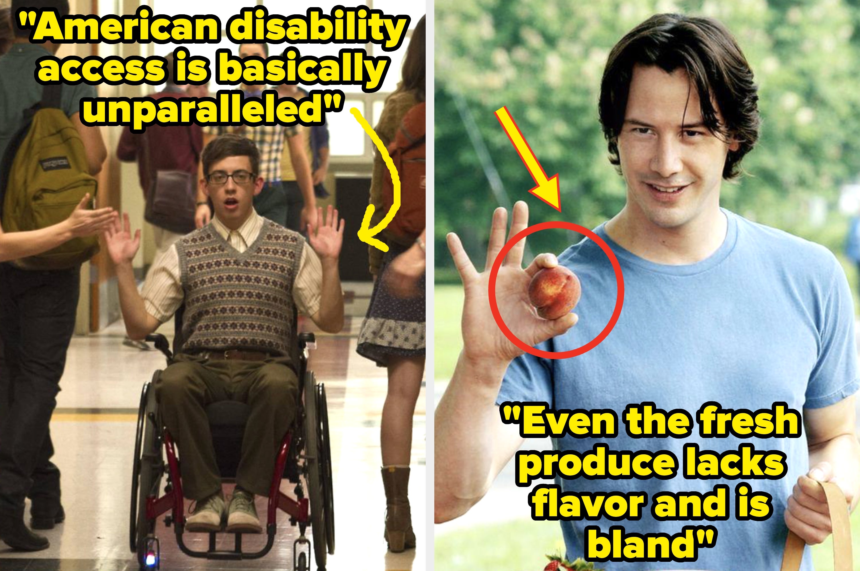Person in a wheelchair with hands up, wearing a patterned vest, accompanied by a quote about American disability access being unparalleled