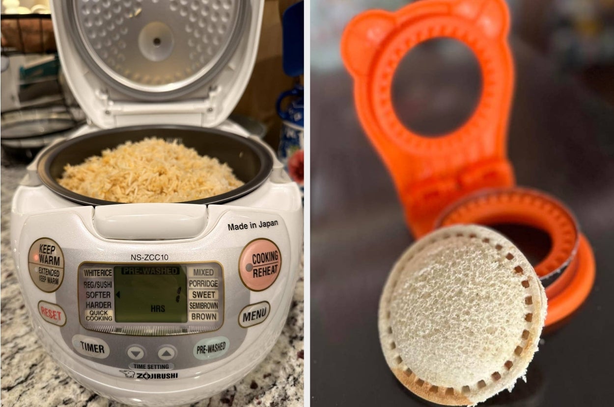 Rice cooker with digital controls on the left; sandwich cutter with teddy bear design on the right
