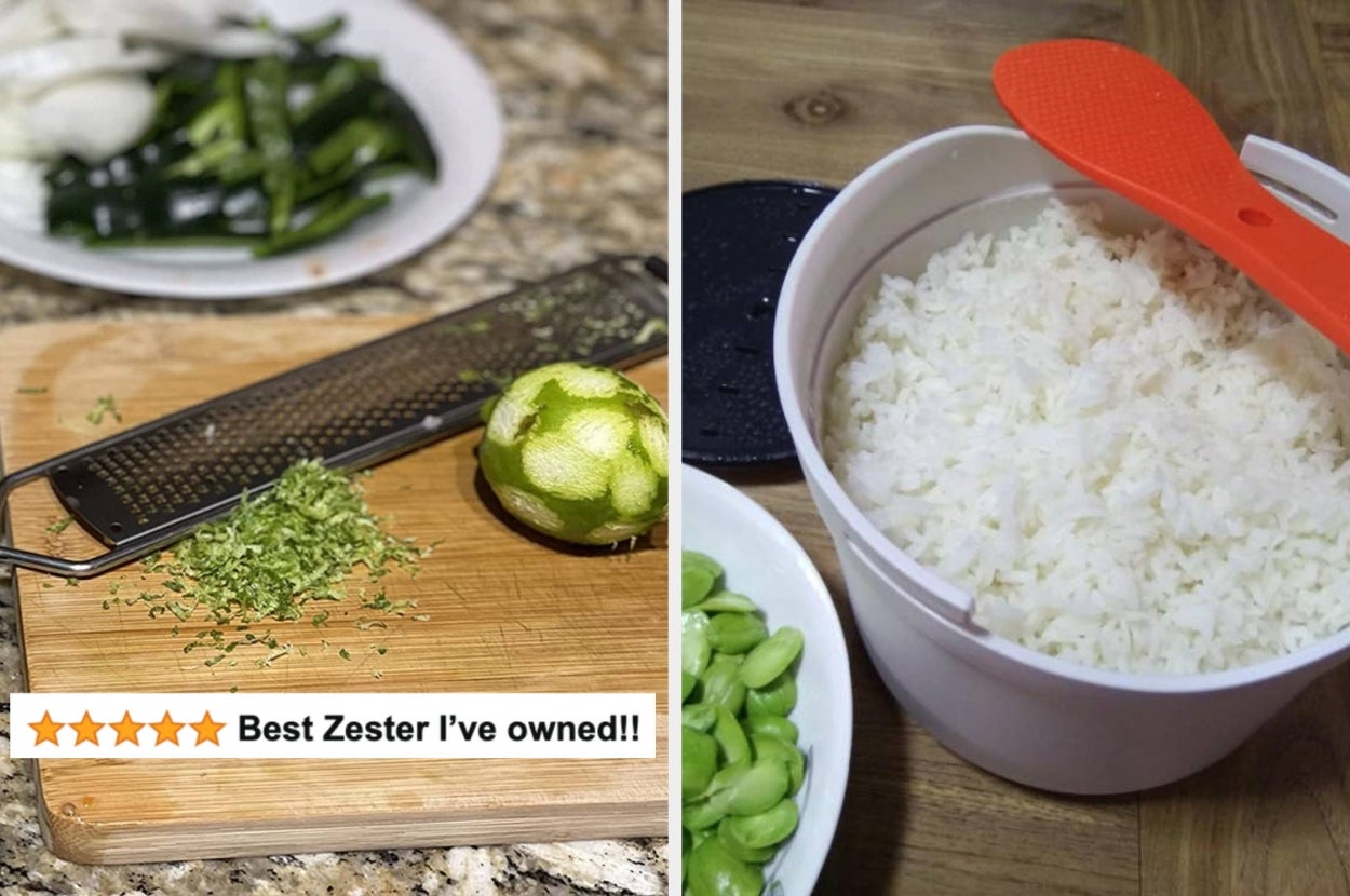 Two kitchen gadgets: a grater zesting a lime with herbs, and a rice washer with strainer lid. Text reads: "Best Zester I've owned!!"
