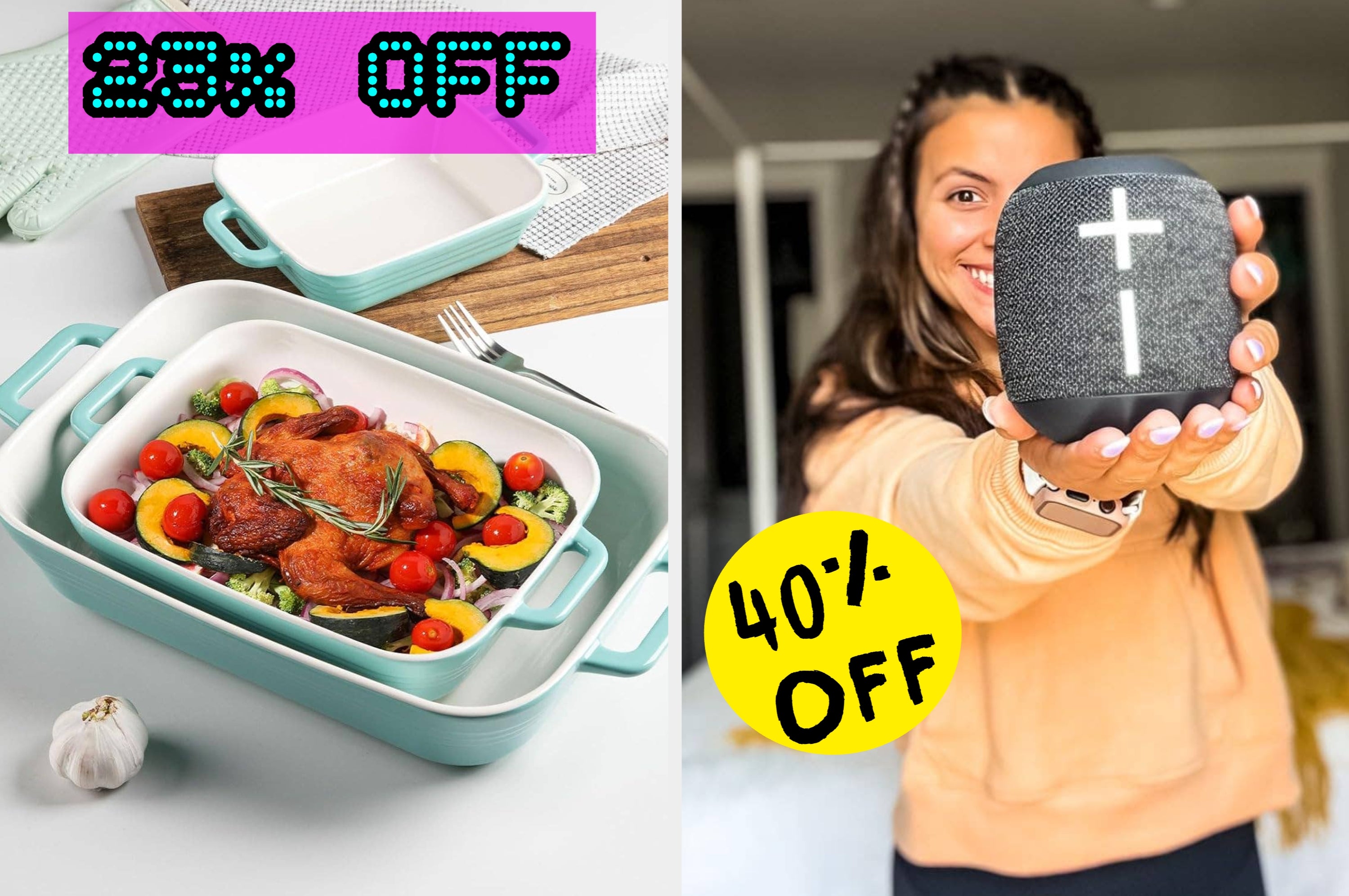 Two images side by side: baking dishes with "25% off" and a vacuum cleaner with "40% off" text overlays, suggesting discounts
