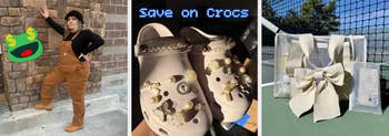 Person in casual outfit poses against brick wall; close-up of decorated Crocs with text "Save on Crocs" and "Up to 40% Off" overlay
