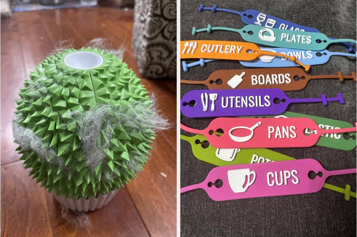 Left: Green spiky cleaning tool with debris. Right: Colorful kitchen labels for items like plates and utensils