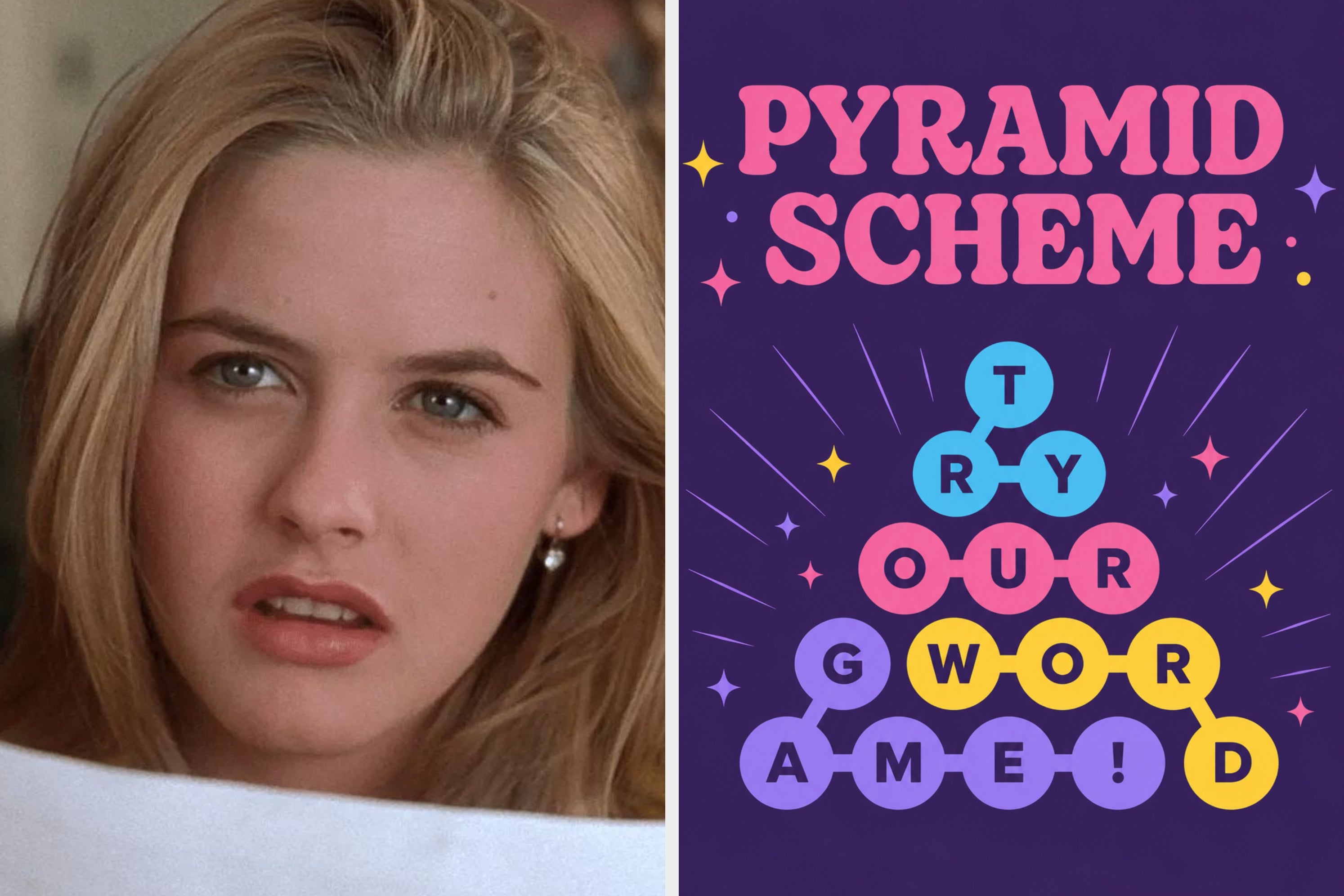Left: Person looking surprised. Right: Promotional text for a word game called "Pyramid Scheme" with the phrase "Try our word game!" displayed