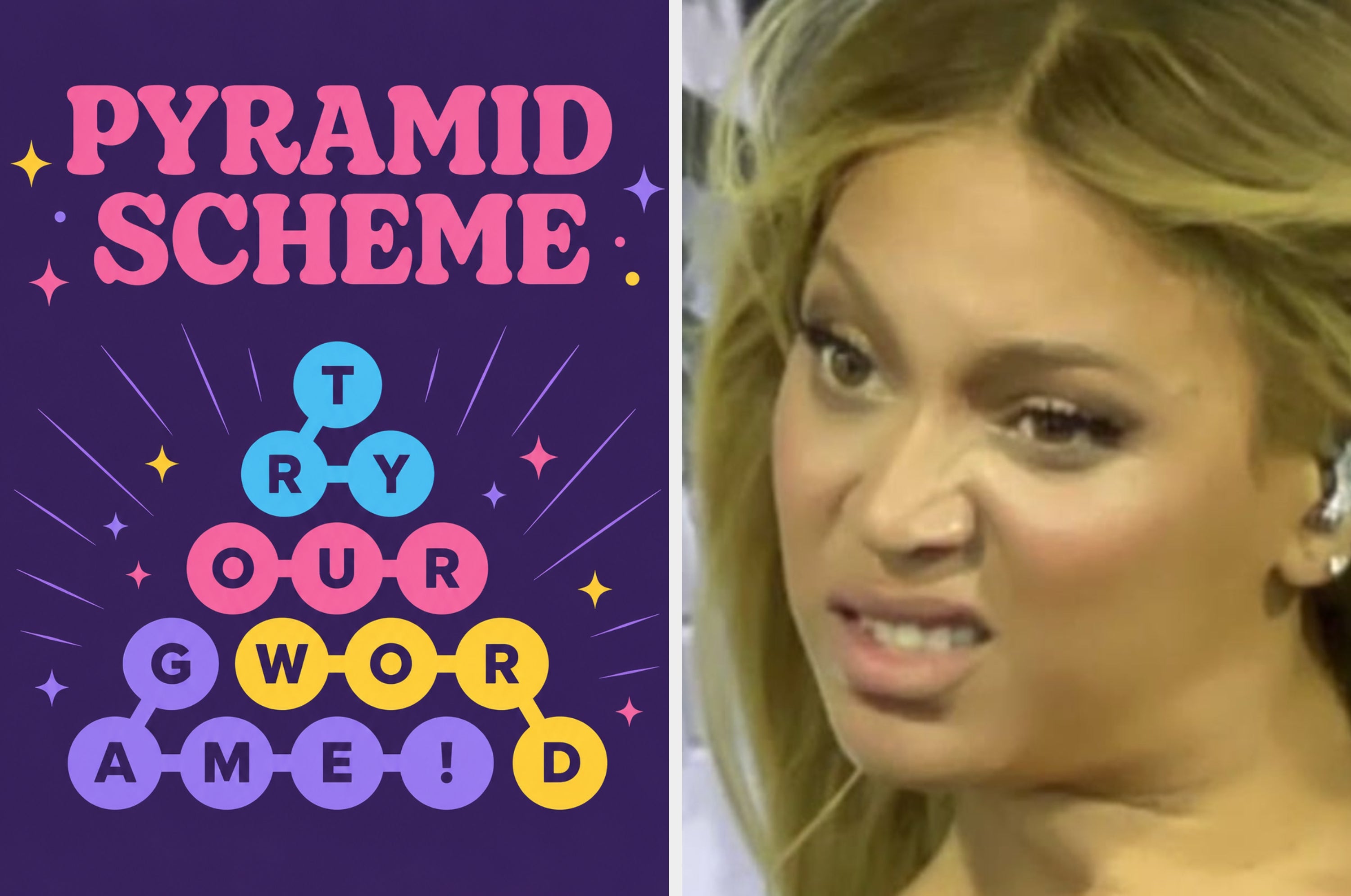 Split image with text: "Pyramid Scheme: Try Our Word Game!" on the left and a person making a skeptical face on the right