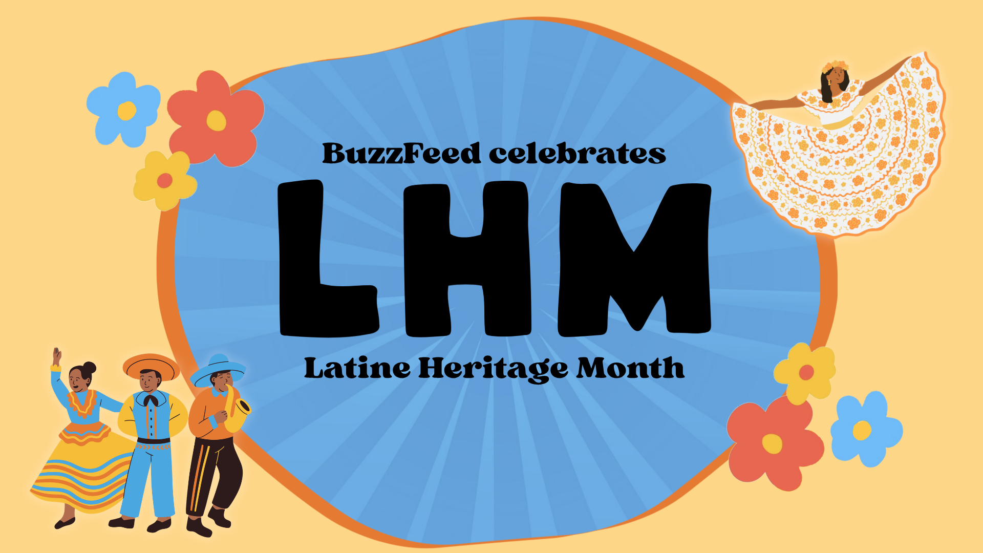 BuzzFeed graphic celebrating Latine Heritage Month with dancers in traditional attire and colorful floral decorations