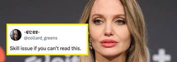 A celebrity with long hair sits in front of a microphone with a tweet overlay saying, "Skill issue if you can’t read this."