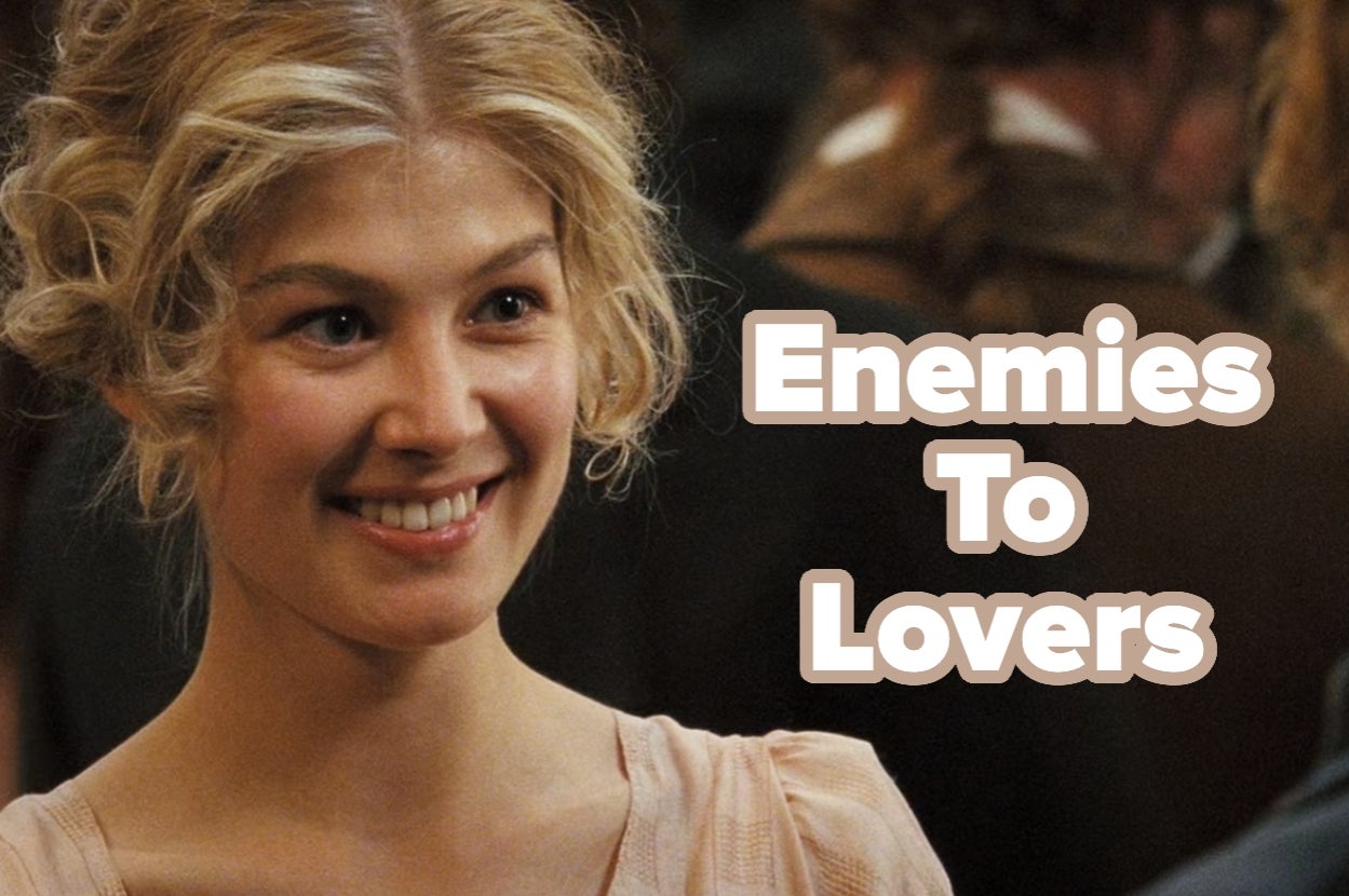 Person smiling with text "Enemies to Lovers" beside them. Romantic theme suggested