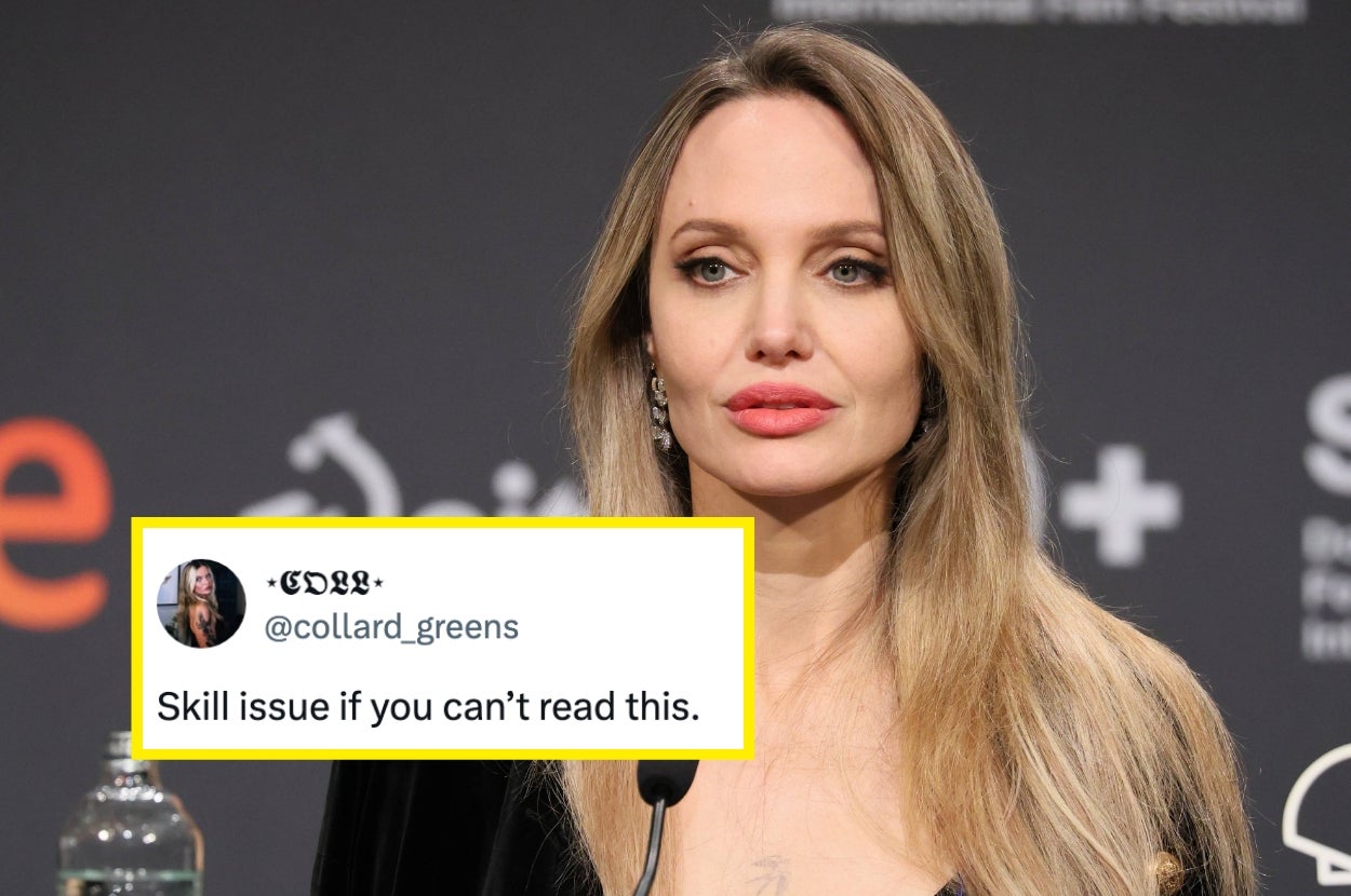 A celebrity with long hair sits in front of a microphone with a tweet overlay saying, "Skill issue if you can’t read this."