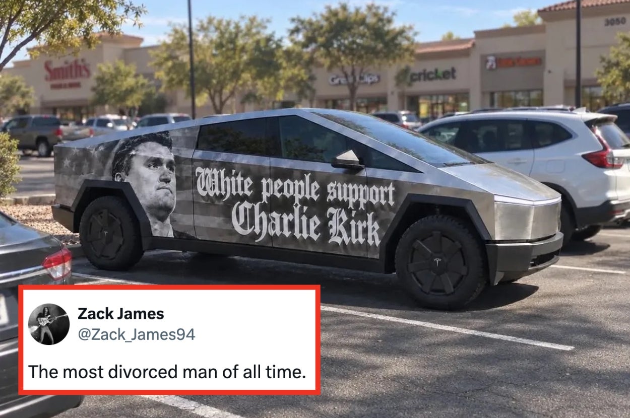 A Tesla Cybertruck with "White people support Charlie Kirk" text is parked in a lot. Tweet below reads, "The most divorced man of all time."