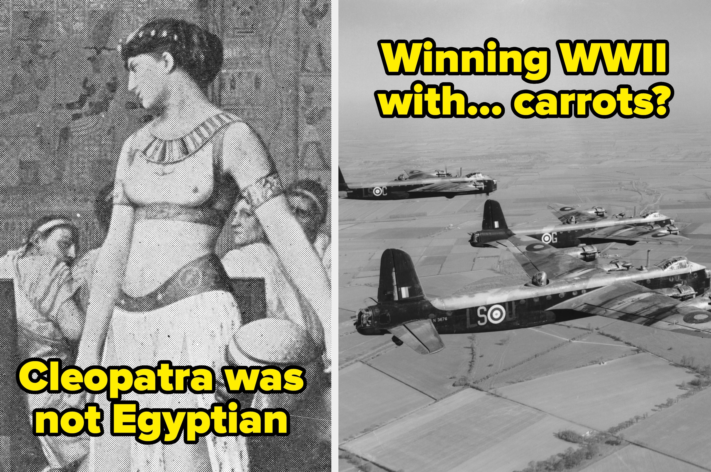Split image; left shows Cleopatra with text "Cleopatra was not Egyptian," right shows WWII planes with text "The British won the war with...carrots?"