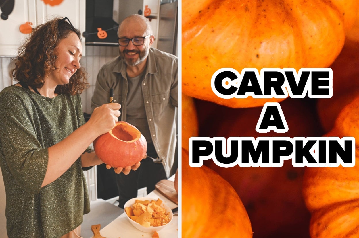 Two people smiling and carving a pumpkin in a kitchen. Text on the right reads, "Carve a Pumpkin."