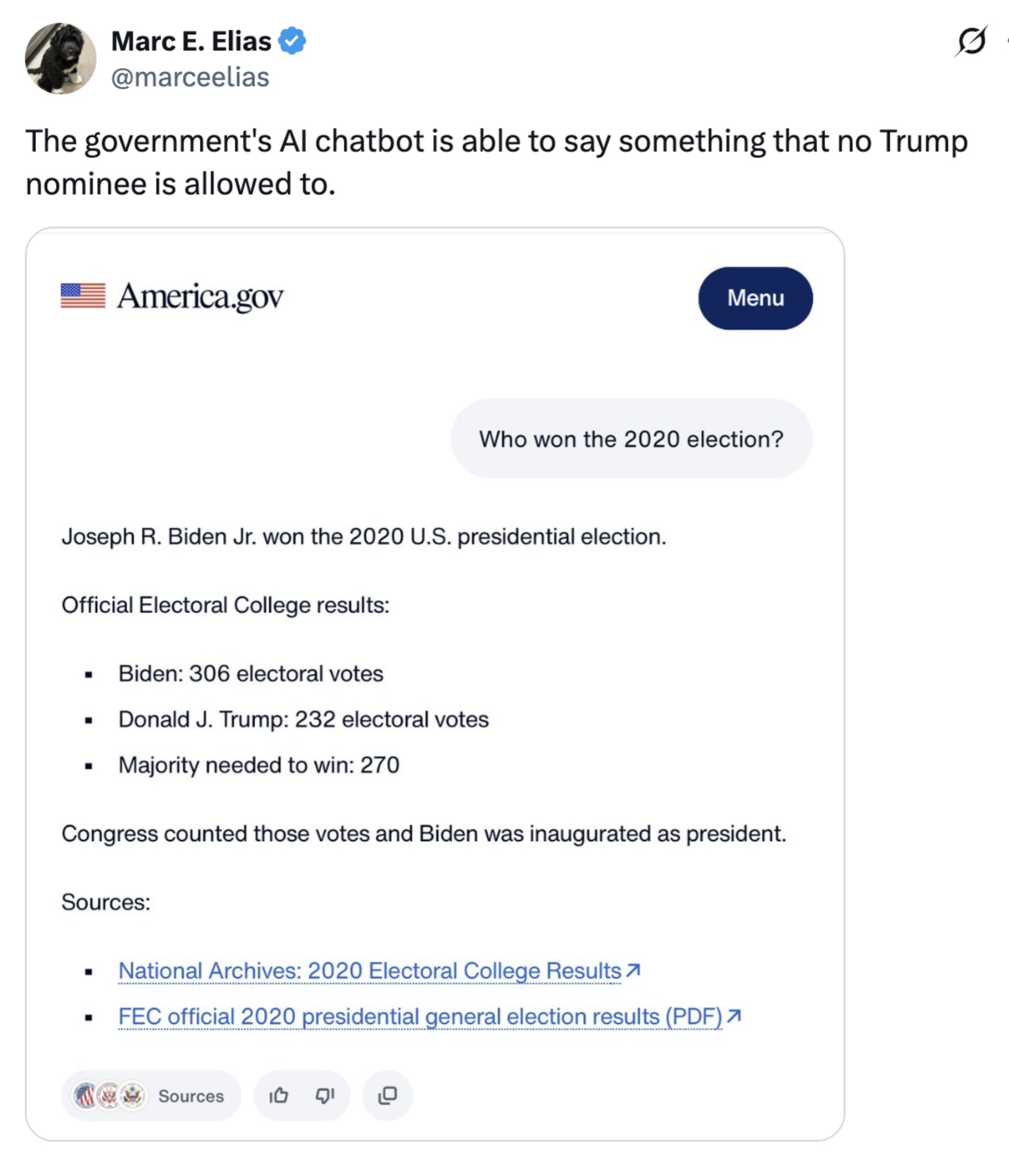 Sammendrag av en tweet av Marc E. Elias om at en AI-chatbot kan nevne Joe Biden vant det amerikanske presidentvalget i 2020 med 306 valgstemmer