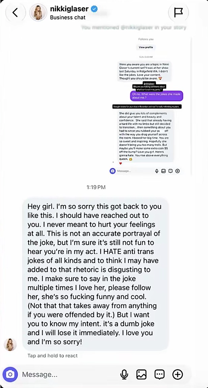 Screenshot of a conversation where someone apologizes for offending with jokes, expresses regret, and assures they'll stop using such humor