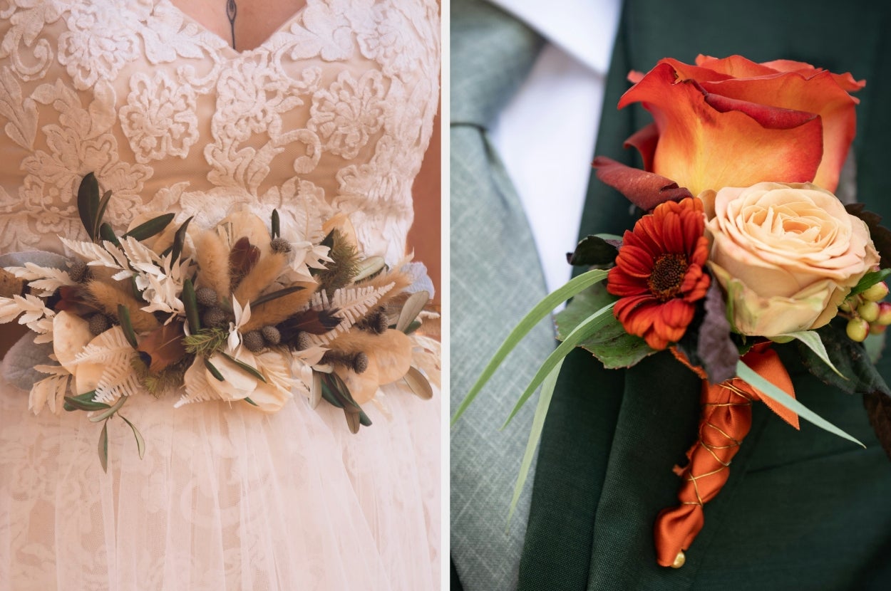 Bride's lace gown with floral belt and groom's green suit with red-orange boutonniere