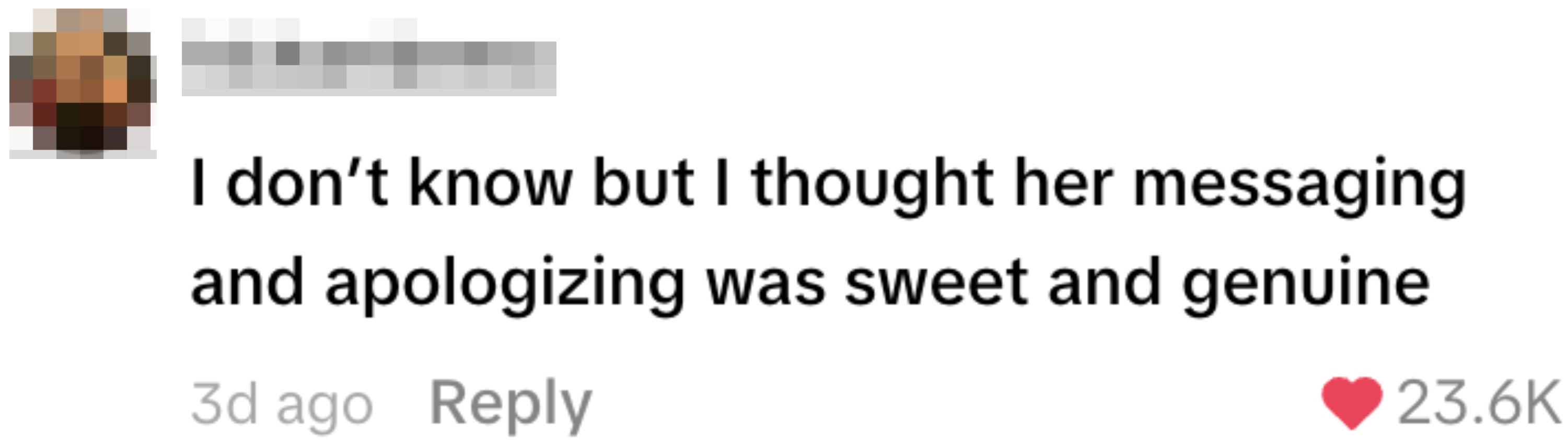 Comment reads: “I don’t know but I thought her messaging and apologizing was sweet and genuine.”