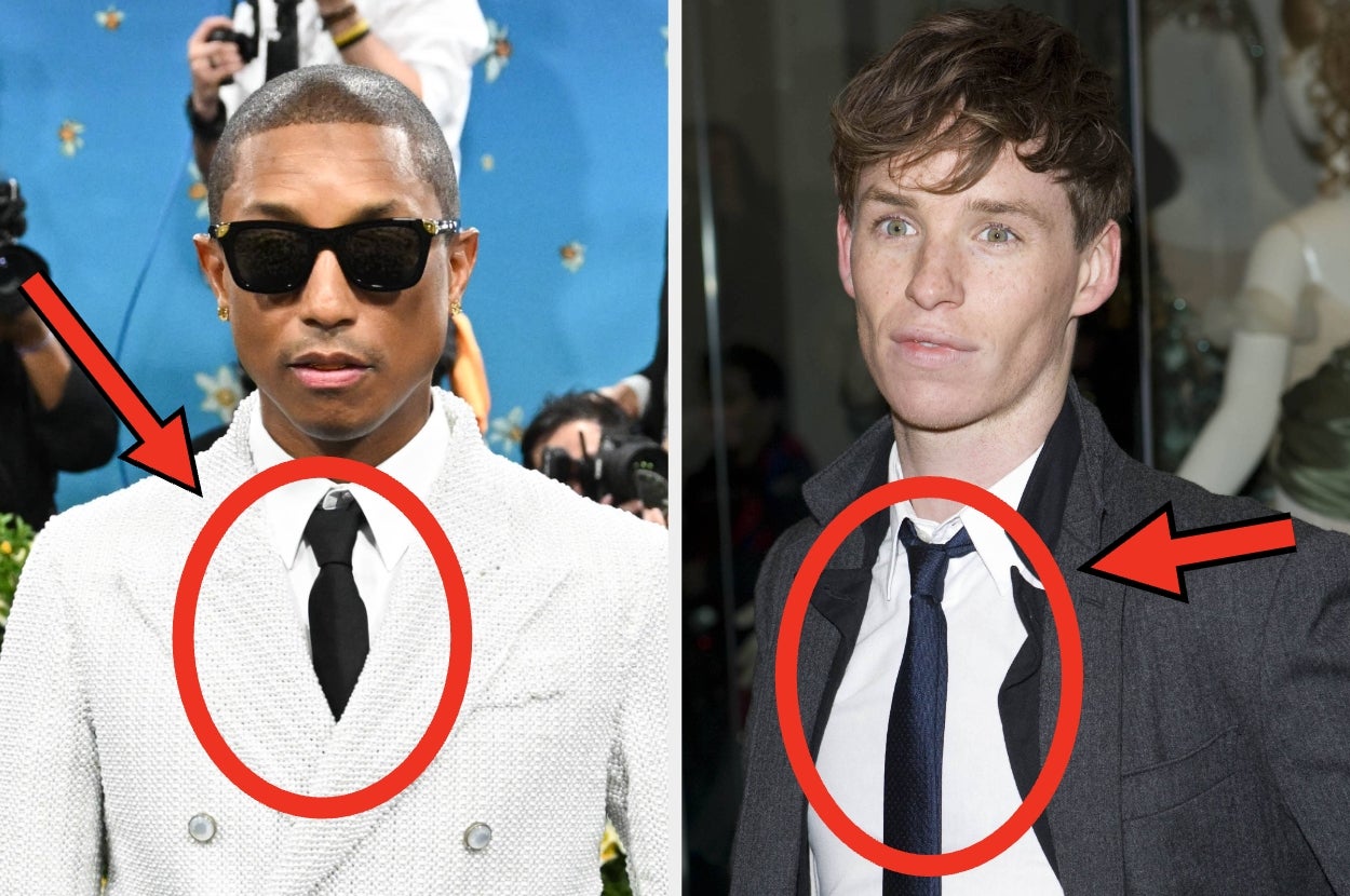 Two people with loose ties. First in a textured suit and sunglasses; second in an open-collared shirt and dark jacket. Arrows point to their ties