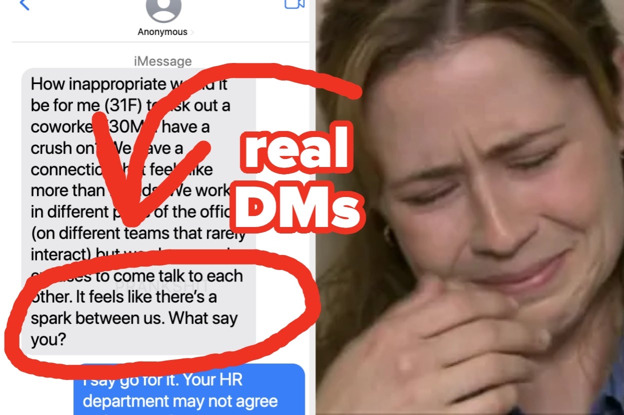 Text message asks a coworker about a potential romantic interest. Overlay reads "real DMs." Image of a woman crying beside it