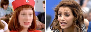 Two women, one with red hair and retro uniform, the other with wavy hair and patterned dress, in expressive poses