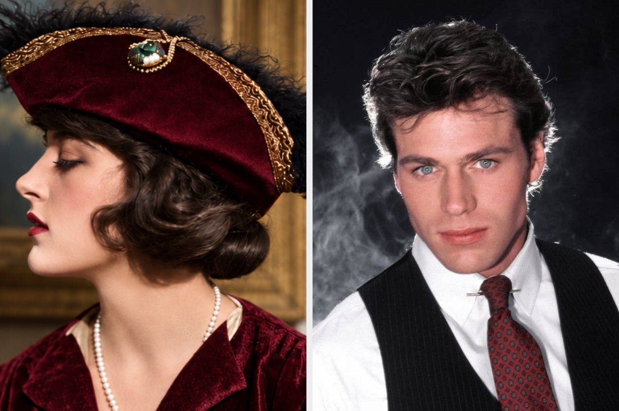 Two portraits: Left, a person in vintage attire with a wide-brimmed, feathered hat and pearls. Right, a person in a suit and tie with a smoky background