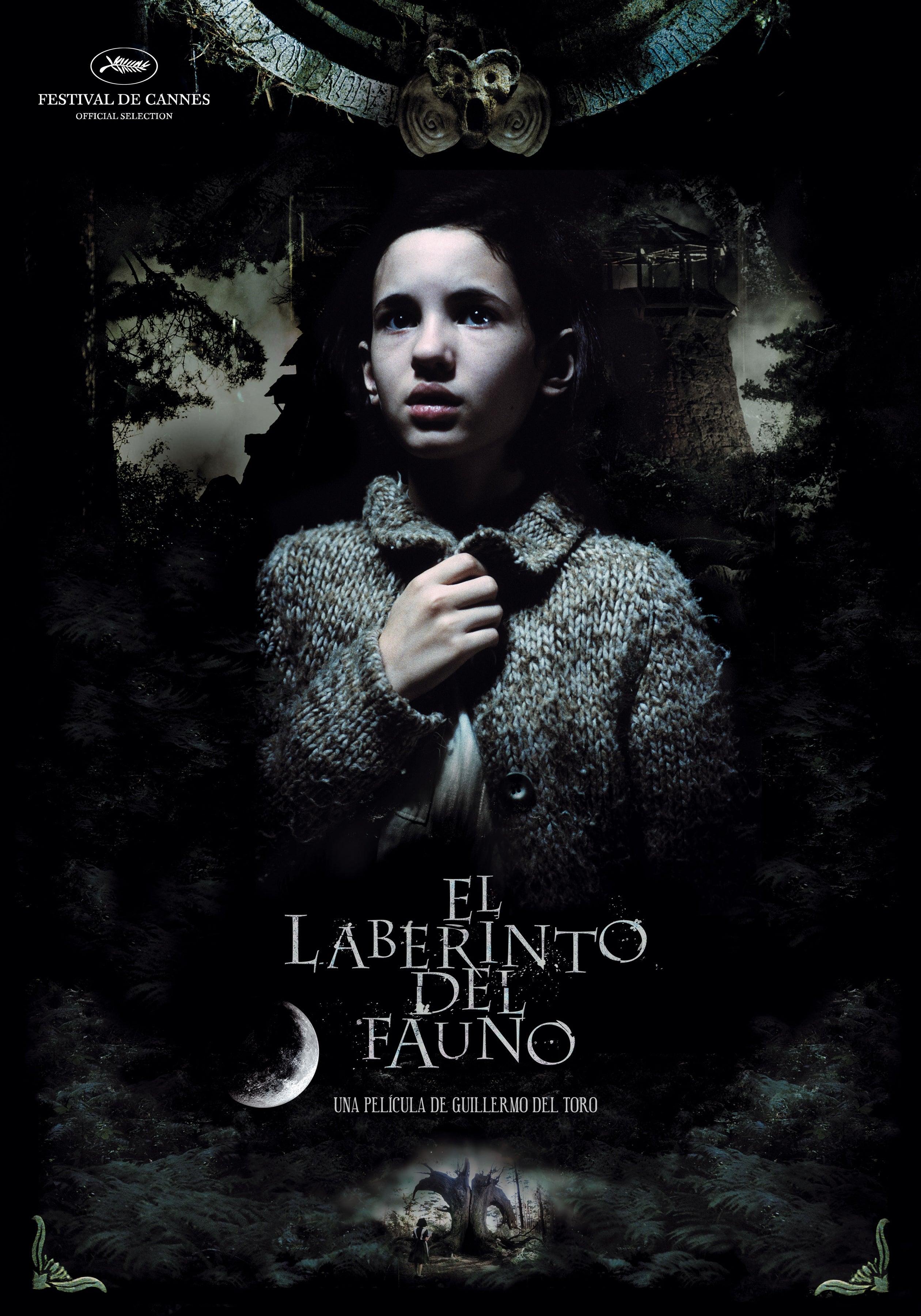 A kid  stands successful  a wood  with a disquieted  expression. The "El Laberinto del Fauno" movie   poster shows festival accolades astatine  the top