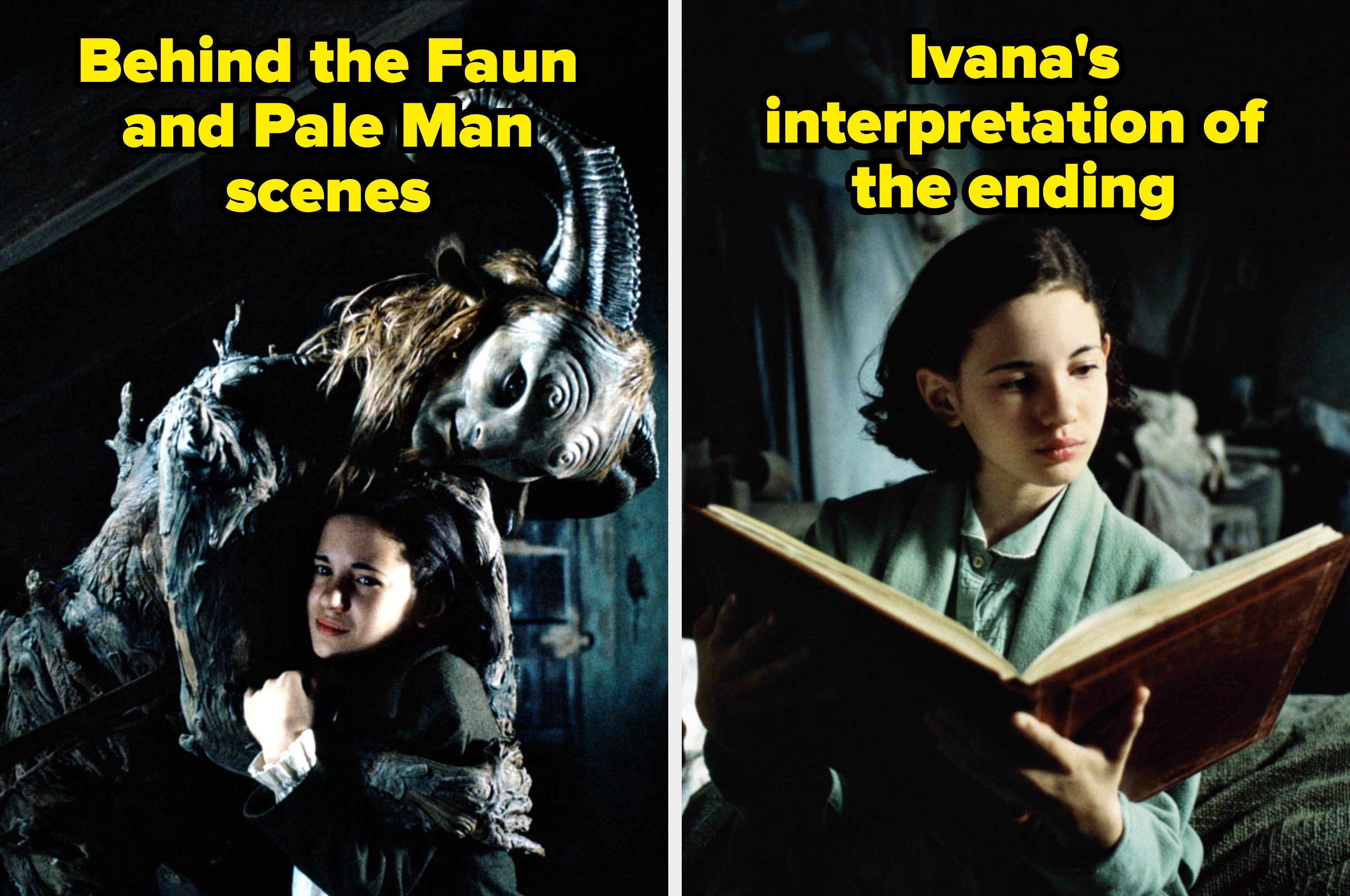 Two stills from "Pan's Labyrinth": a girl reads a book on the left; on the right, she embraces a mythical creature