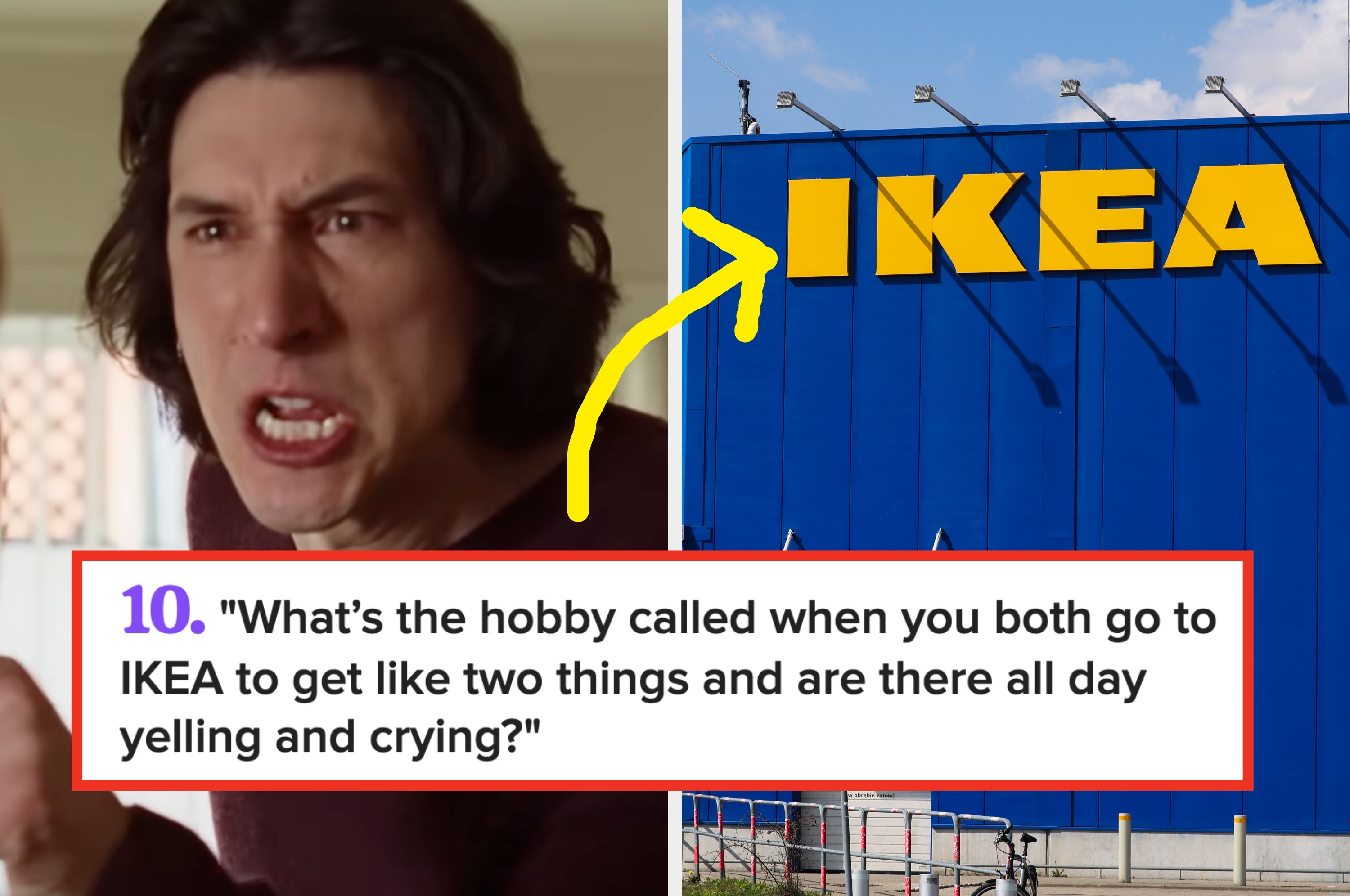 A meme shows someone yelling, paired with an IKEA storefront and a humorous caption about couples arguing during shopping trips