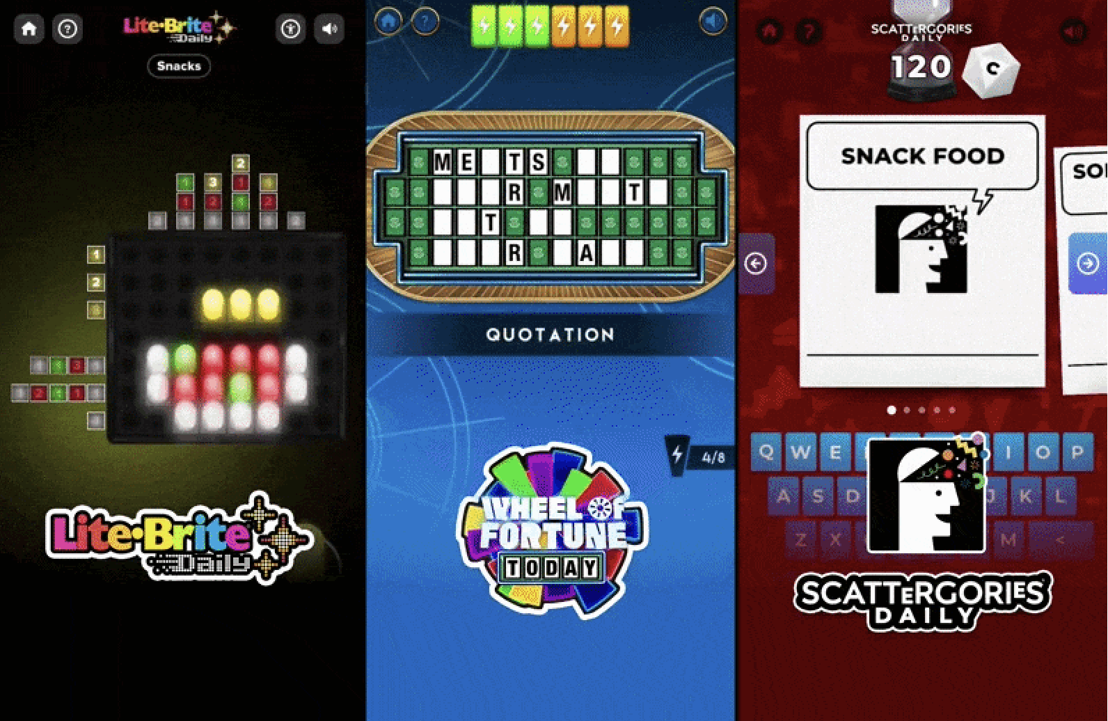 Collage of three mobile game screens: LiteBrite Daily, Wheel of Fortune puzzle, and Scattergories Daily snack food category with letters filled in