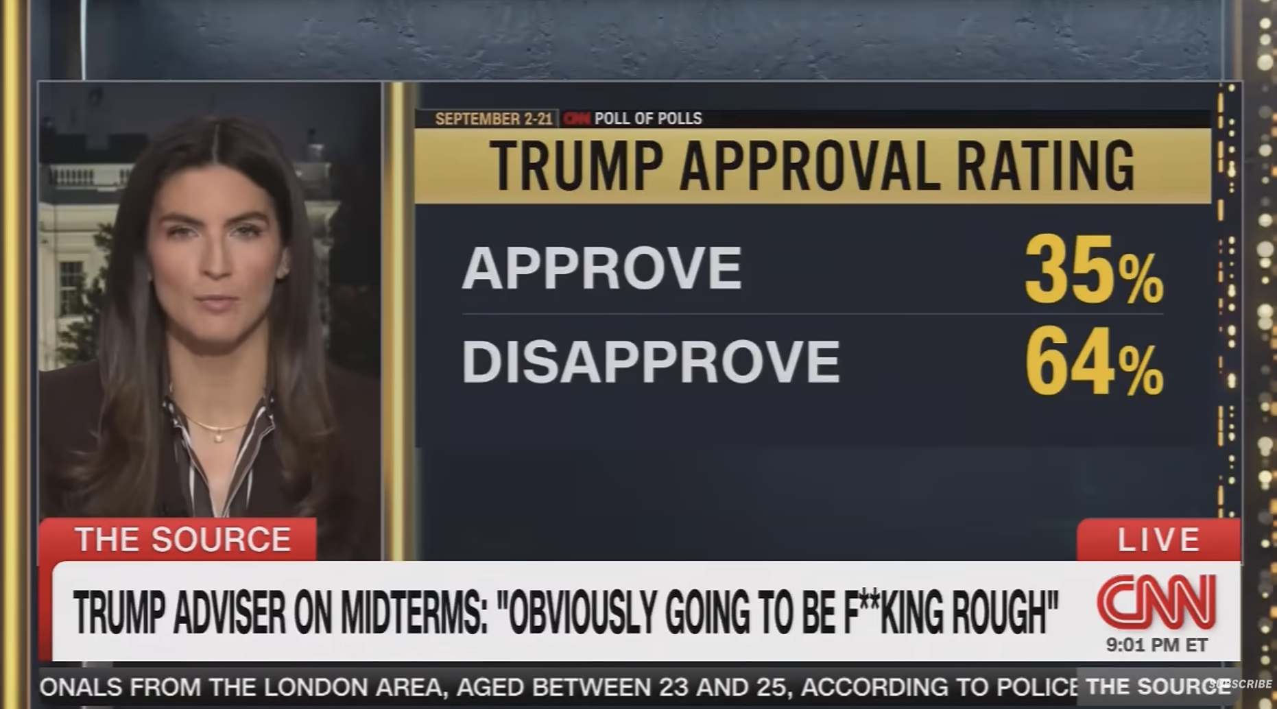 Nyhetssegmentet på CNN viser Trumps godkjenningsvurdering: 35 % godkjenner, 64 % avviser. Tekst sier at en Trump-rådgiver kommenterer mellomperiodene: