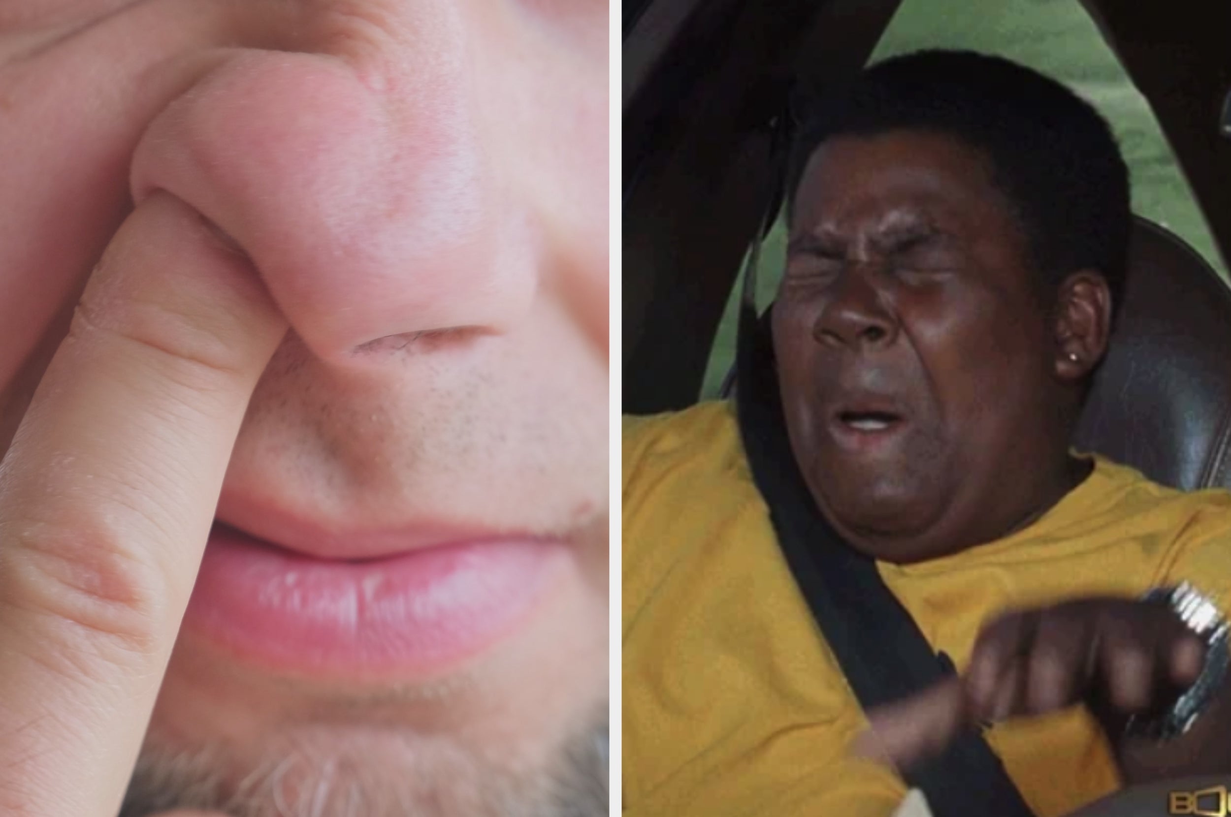 Two images: left, close-up of a person picking their nose; right, a person in a car reacts with disgust