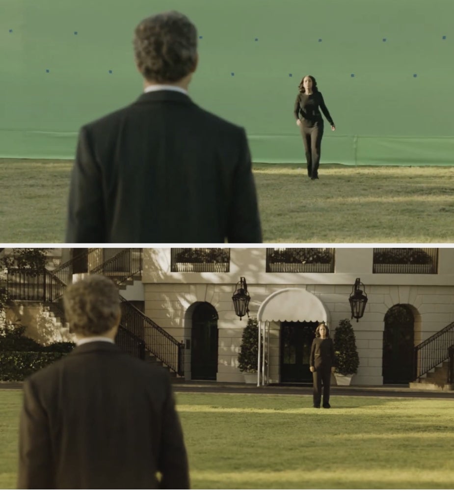 Two images show a person walking toward a suited figure. Top image has a green screen; bottom features a mansion background