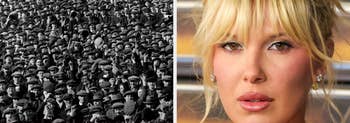Historical crowd image, modern celebrity portrait, and text reading: "My front door lock ran out of battery so I was locked out."