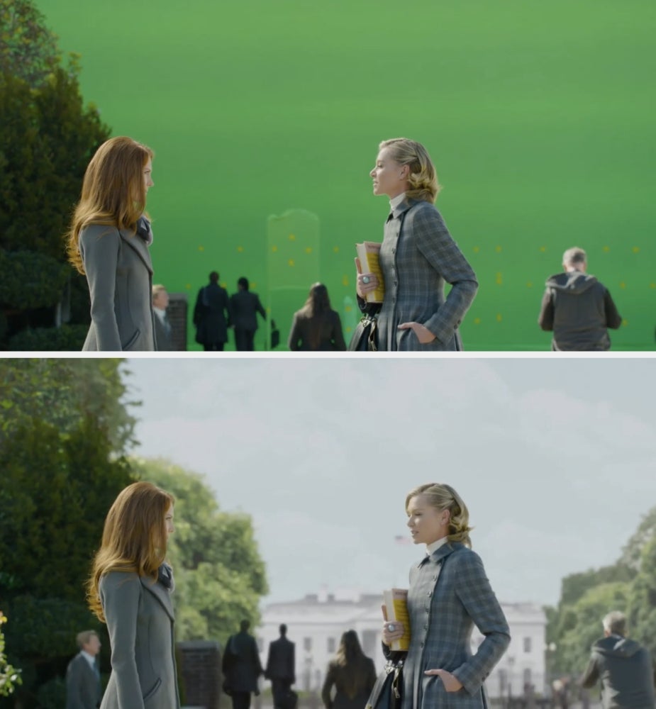 Two actors in formal coats stand facing each other. The top image shows a green screen background, and the bottom reveals the final edited scenery