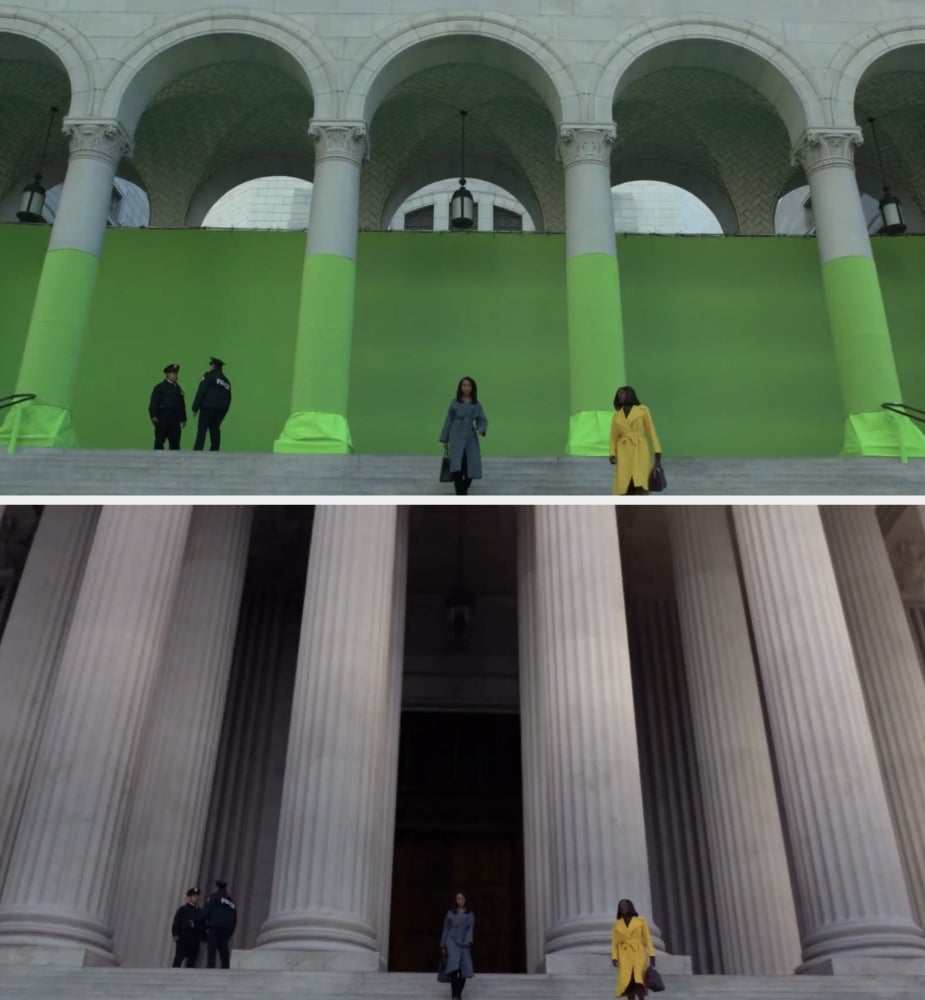 Two people walk down steps toward arches. One wears a long coat, the other a yellow coat. The background is a green screen in one image, columns in another