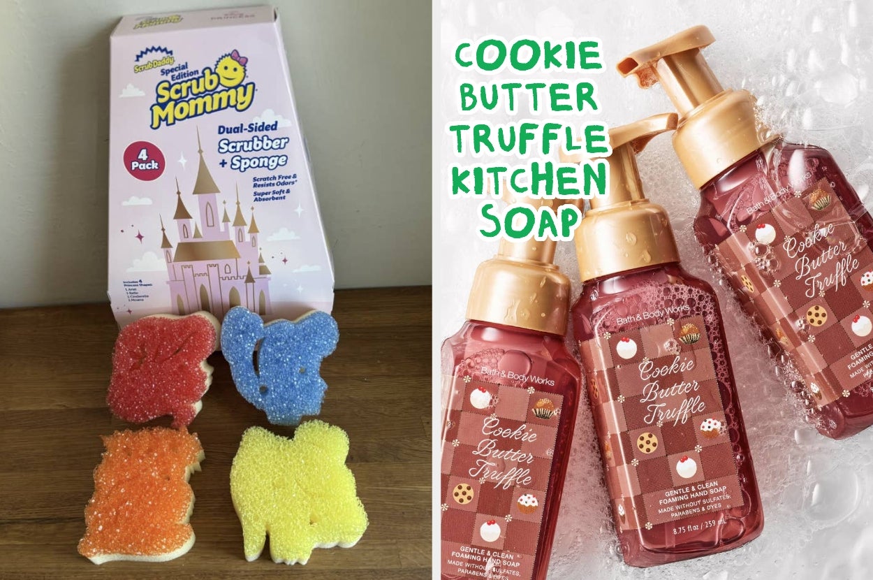 Scrub Mommy sponges and Bath & Body Works Cookie Butter Truffle soaps are displayed. Sponges are shaped like Mickey heads