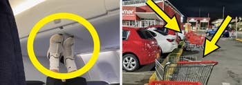Two-panel meme: Left shows feet on airplane ceiling; right shows shopping carts blocking parking spots, caption: "are you serious?!"