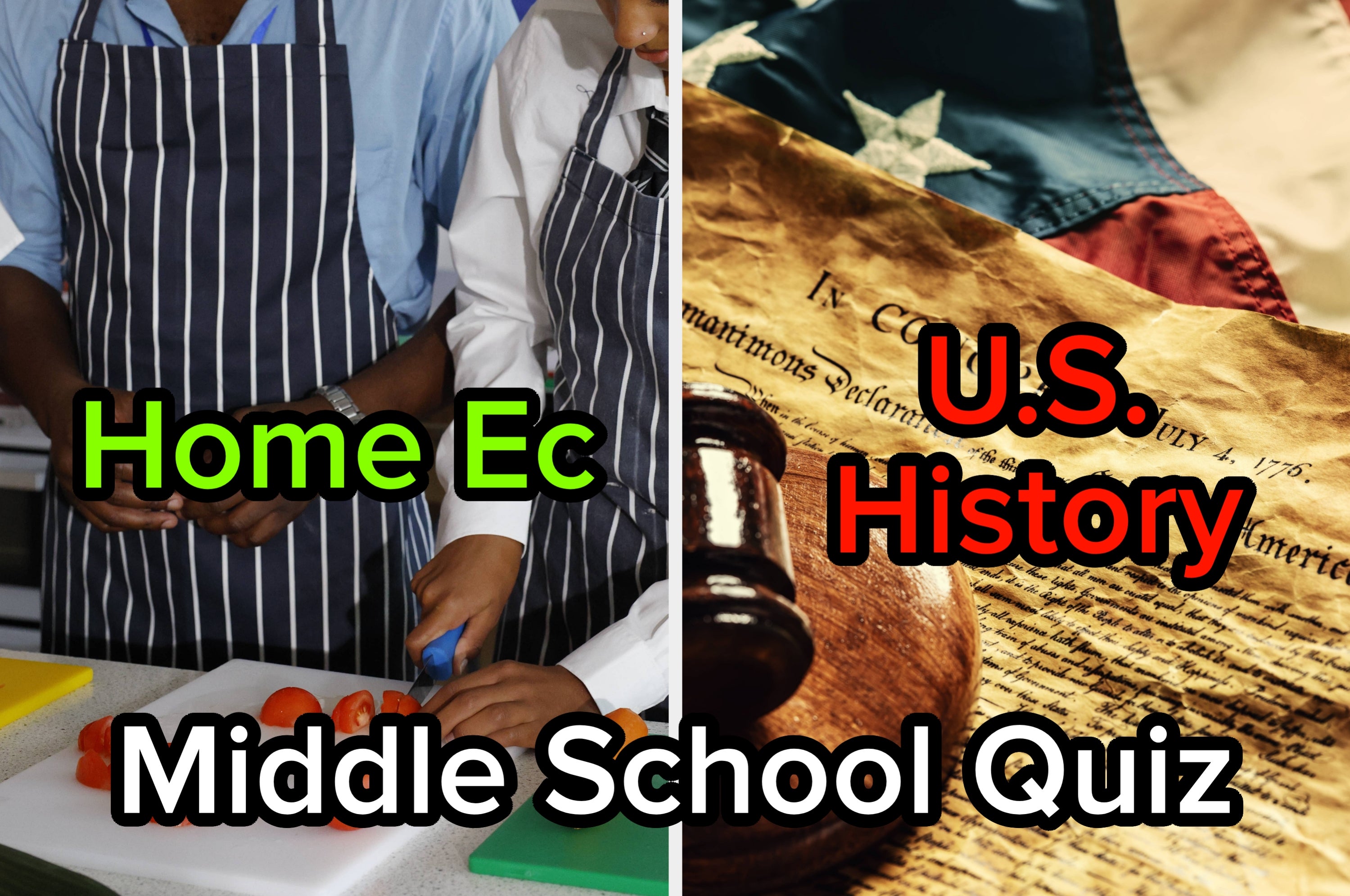 Left: Two individuals in aprons chopping vegetables. Right: Close-up of the U.S. Declaration of Independence with a gavel