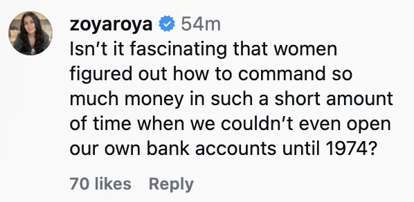 Comment highlights women's financial achievements post-1974 bank access