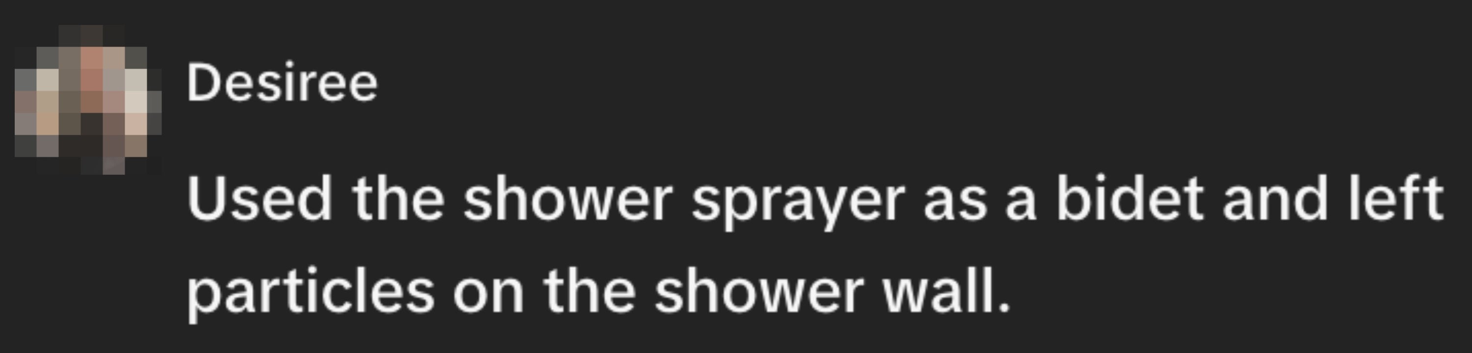 Desiree comments astir utilizing a ablution sprayer arsenic a bidet, resulting successful particles connected the ablution wall