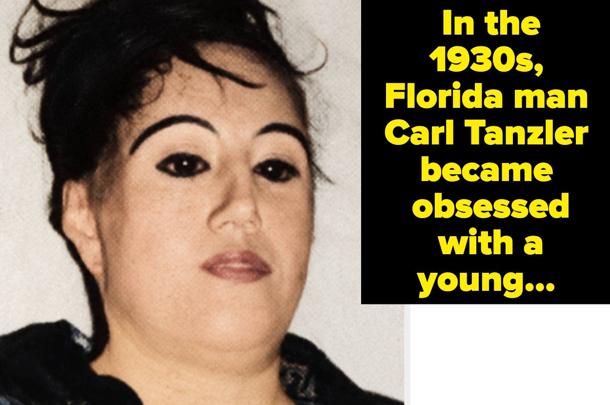 A person with styled hair is shown next to yellow text saying “In the 1930s, Florida man Carl Tanzler became obsessed with a young...”