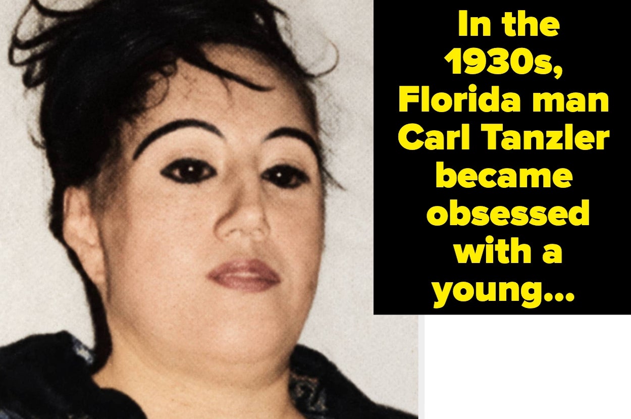 A person with styled hair is shown next to yellow text saying “In the 1930s, Florida man Carl Tanzler became obsessed with a young...”