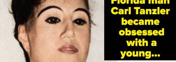 A person with styled hair is shown next to yellow text saying “In the 1930s, Florida man Carl Tanzler became obsessed with a young...”