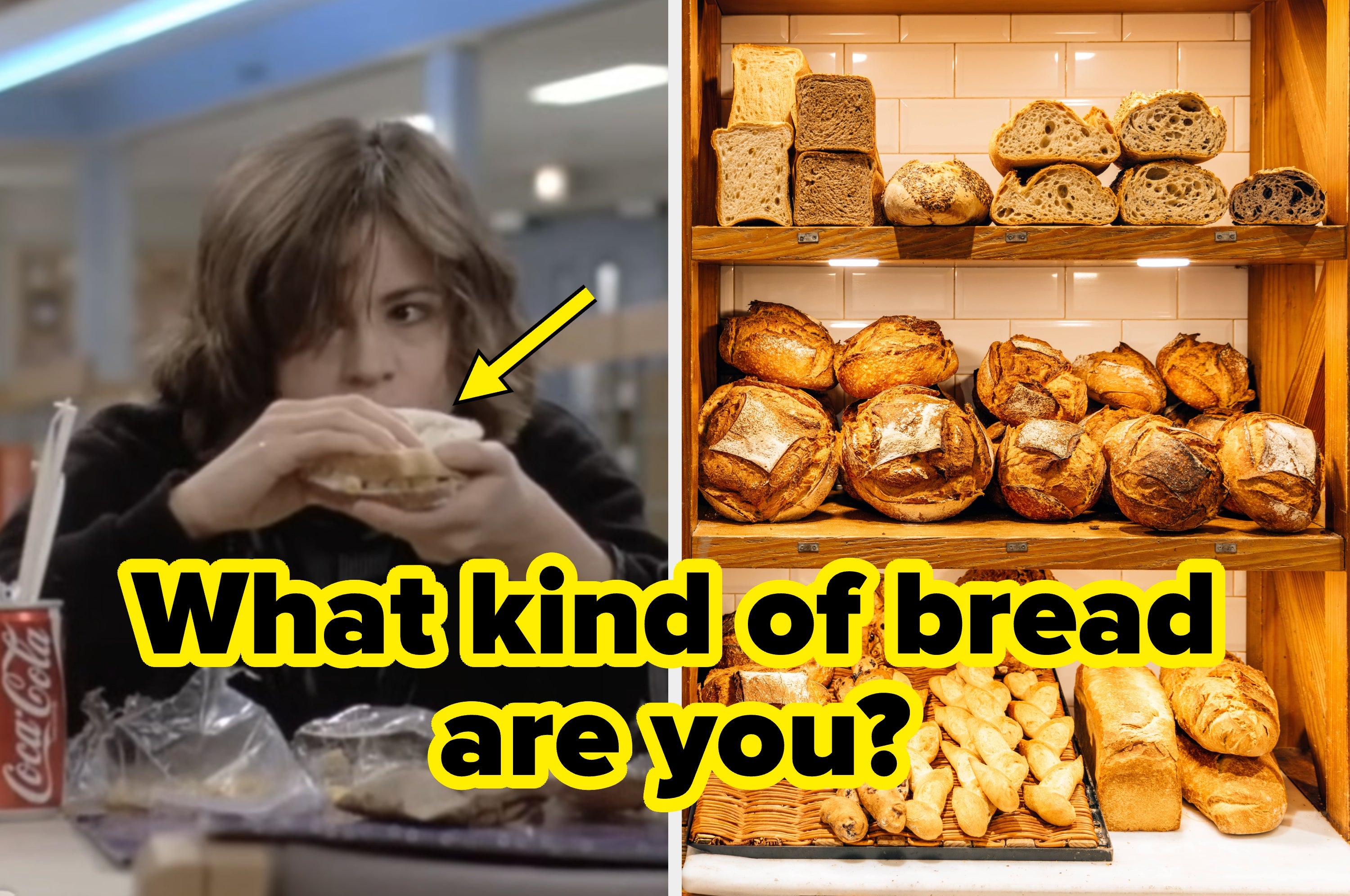 Side-by-side images. Left Image: Ally Sheedy plays Allison Reynolds in "The Breakfast Club" and eats a sandwich awkwardly. Right image: An assortment of different breads sits on a bakery display. The caption reads: "What kind of bread are you?"