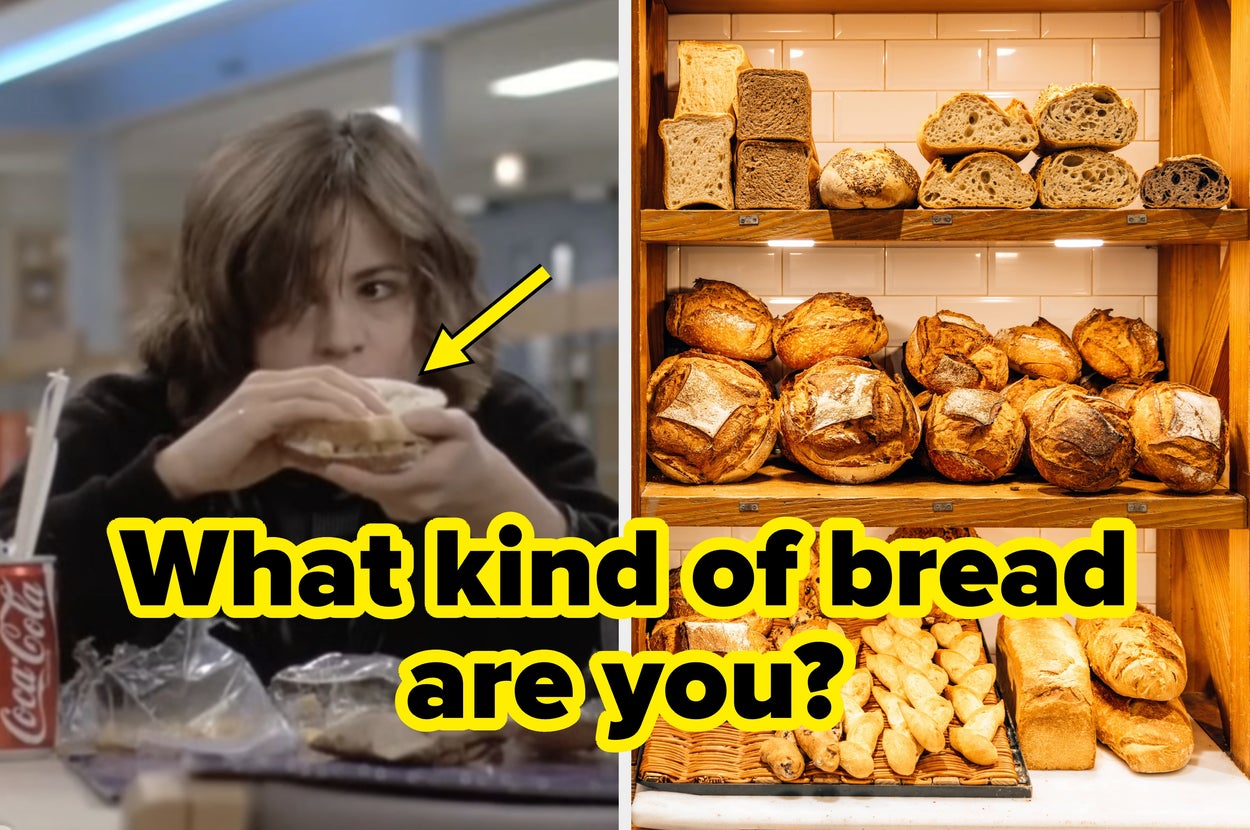 Side-by-side images. Left Image: Ally Sheedy plays Allison Reynolds in "The Breakfast Club" and eats a sandwich awkwardly. Right image: An assortment of different breads sits on a bakery display. The caption reads: "What kind of bread are you?"